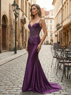 Purple Mermaid Satin Long Prom Dress With Spaghetti Straps And Corset Appliqued