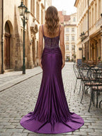 Purple Mermaid Satin Long Prom Dress With Spaghetti Straps And Corset Appliqued