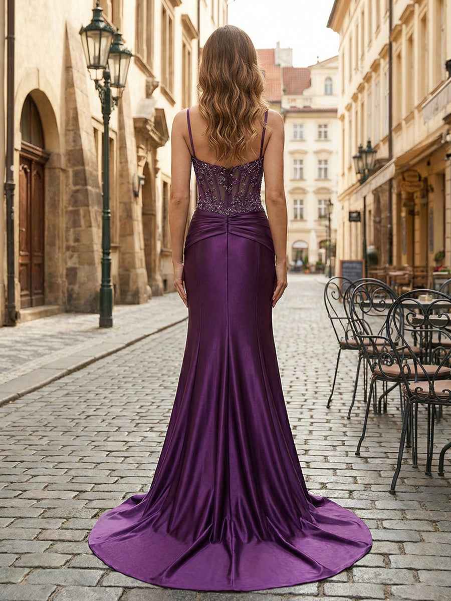 Purple Mermaid Satin Long Prom Dress With Spaghetti Straps And Corset Appliqued