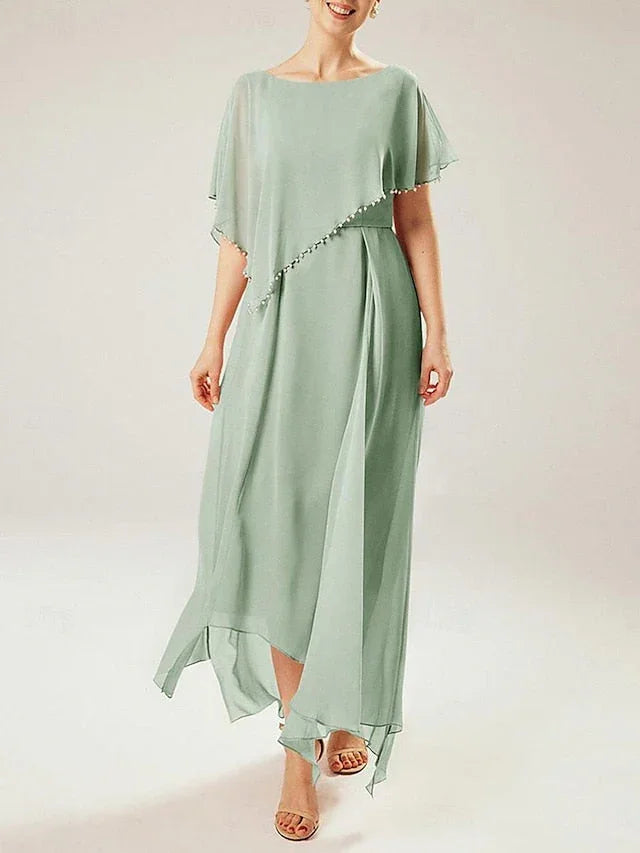 Robe fourreau/colonne à manches courtes pour la mère de la mariée avec pompon