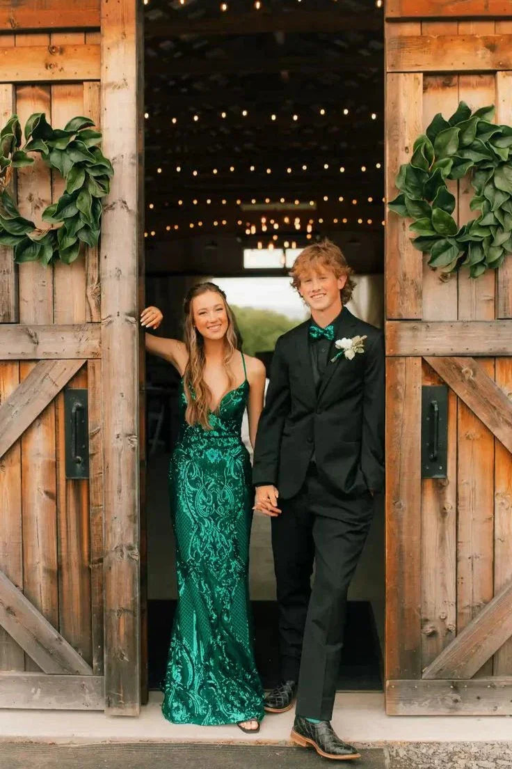 Dominic | Robe longue de bal verte à paillettes avec col en V et dentelle, style sirène charmante, avec laçage