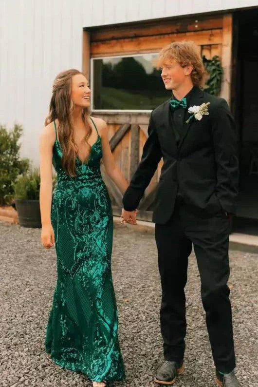 Dominic | Robe longue de bal verte à paillettes avec col en V et dentelle, style sirène charmante, avec laçage