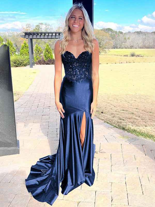 Navy Mermaid Long Prom Dress With Sweetheart Lace Satin Beaded Slit