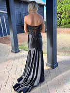 Navy Mermaid Long Prom Dress With Sweetheart Lace Satin Beaded Slit