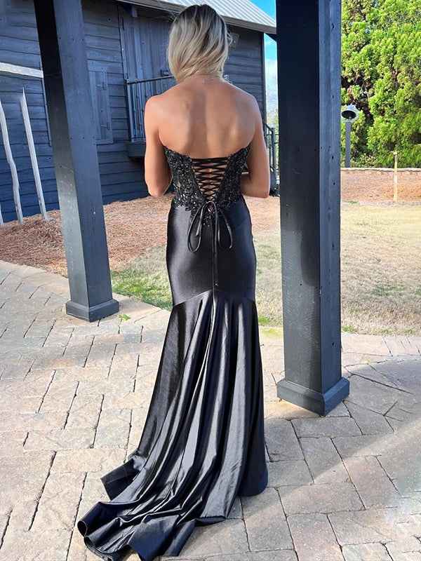 Navy Mermaid Long Prom Dress With Sweetheart Lace Satin Beaded Slit
