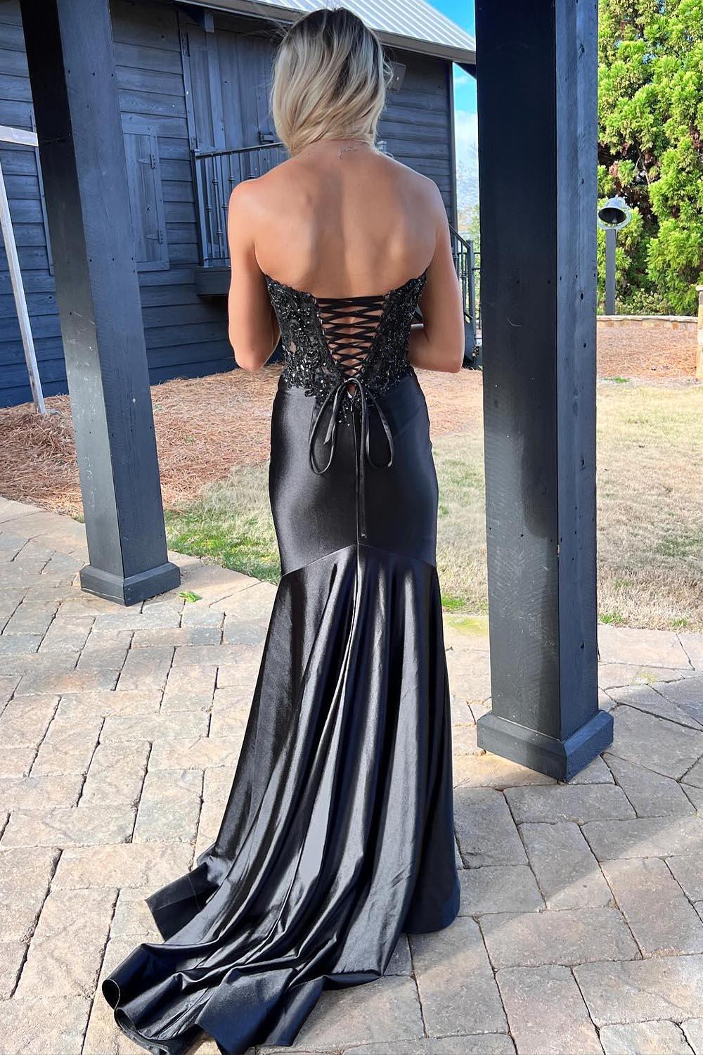 Donya | Vestido de Cetim Preto para Baile com Renda e Fenda, Estilo Sereia e Decote Coração