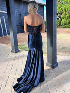 Navy Mermaid Long Prom Dress With Sweetheart Lace Satin Beaded Slit