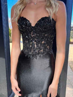Navy Mermaid Long Prom Dress With Sweetheart Lace Satin Beaded Slit