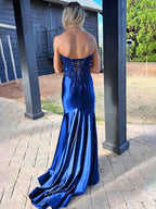 Navy Mermaid Long Prom Dress With Sweetheart Lace Satin Beaded Slit