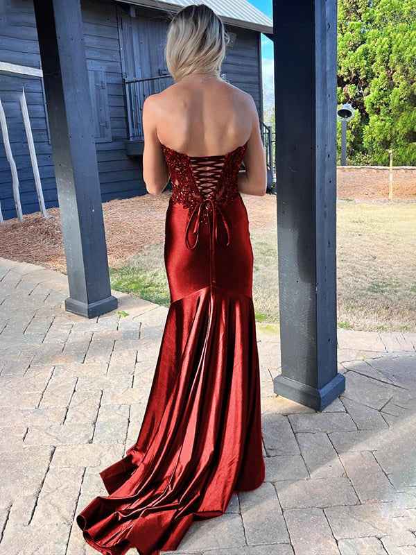 Navy Mermaid Long Prom Dress With Sweetheart Lace Satin Beaded Slit