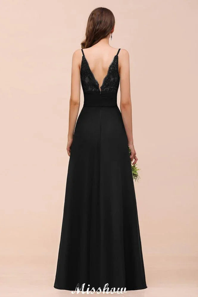 Vestido de dama de honor formal con escote en V doble y abertura frontal para fiesta de boda negro