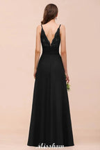 Vestido de dama de honor formal con escote en V doble y abertura frontal para fiesta de boda negro