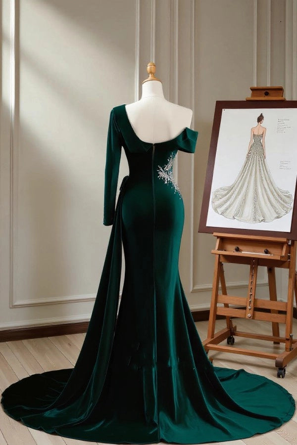 Dark Green One Shoulder Long Sleeve Mermaid Prom Dress With Appliques