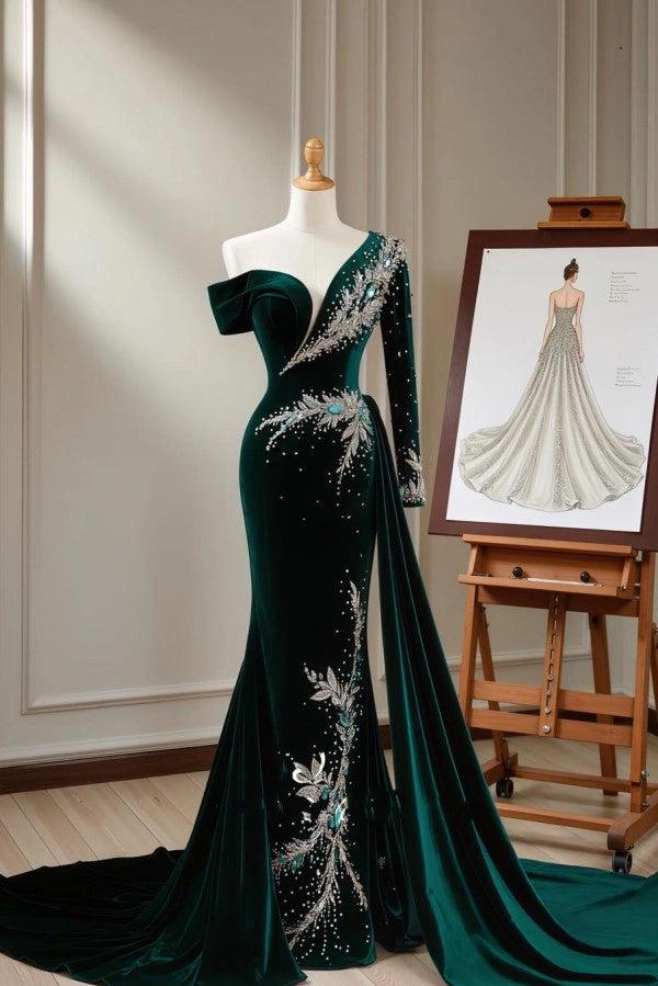 Dark Green One Shoulder Long Sleeve Mermaid Prom Dress With Appliques