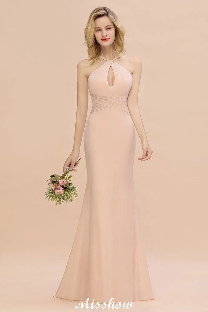 Abito da damigella d'onore a sirena sottile con collo all'americana, lungo fino a terra, per feste
