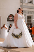 Dreamy Ivory V-Neck Sleeveless Ball Gown Wedding Dress with Appliques and Chapel Train