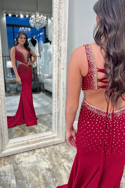 Mermaid V-Neck Beaded Jersey Prom Dress with Beading