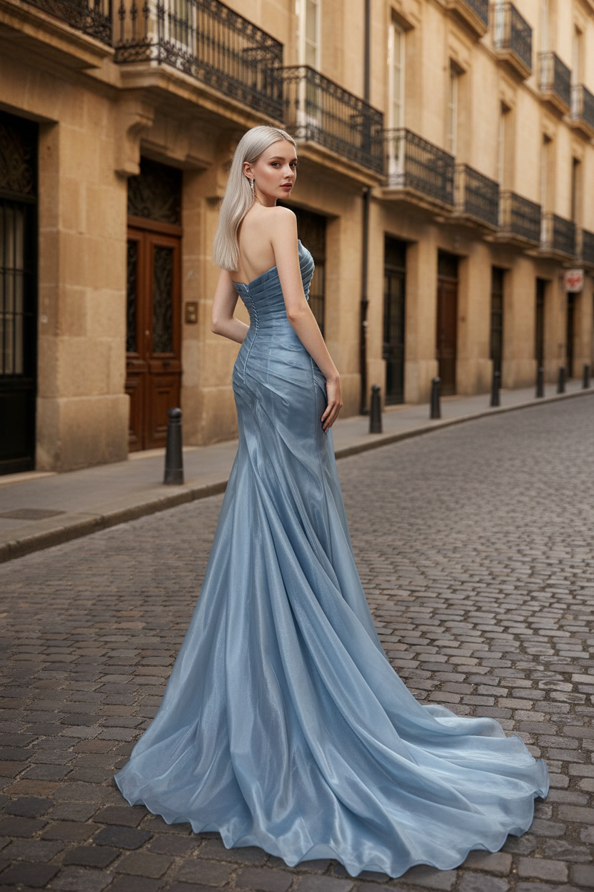 Dusty Blue Pleated Premium Water Light Satin Mermaid Gown With Sweeping Train