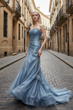 Dusty Blue Pleated Premium Water Light Satin Mermaid Gown With Sweeping Train