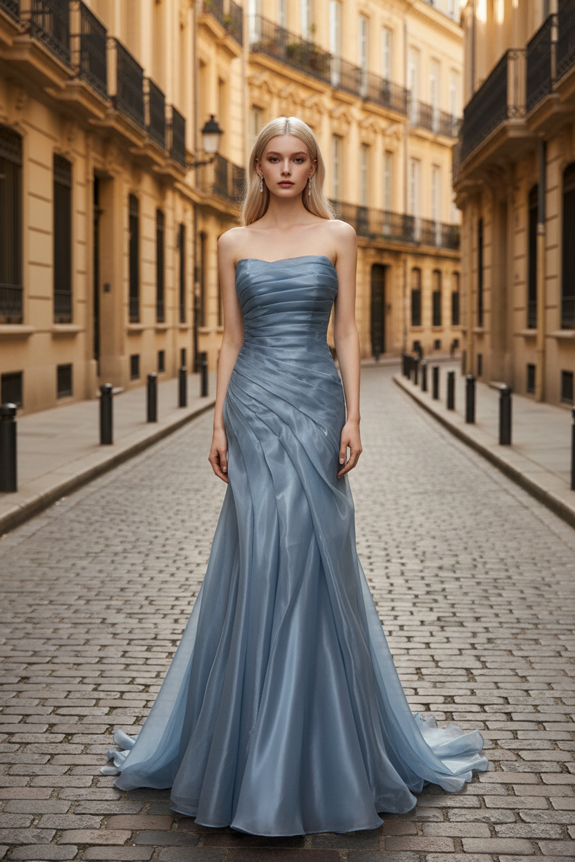Dusty Blue Pleated Premium Water Light Satin Mermaid Gown With Sweeping Train