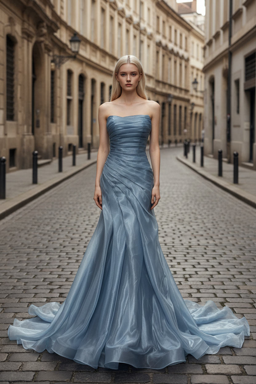 Dusty Blue Pleated Premium Water Light Satin Mermaid Gown With Sweeping Train