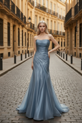Dusty Blue Pleated Premium Water Light Satin Mermaid Gown With Sweeping Train