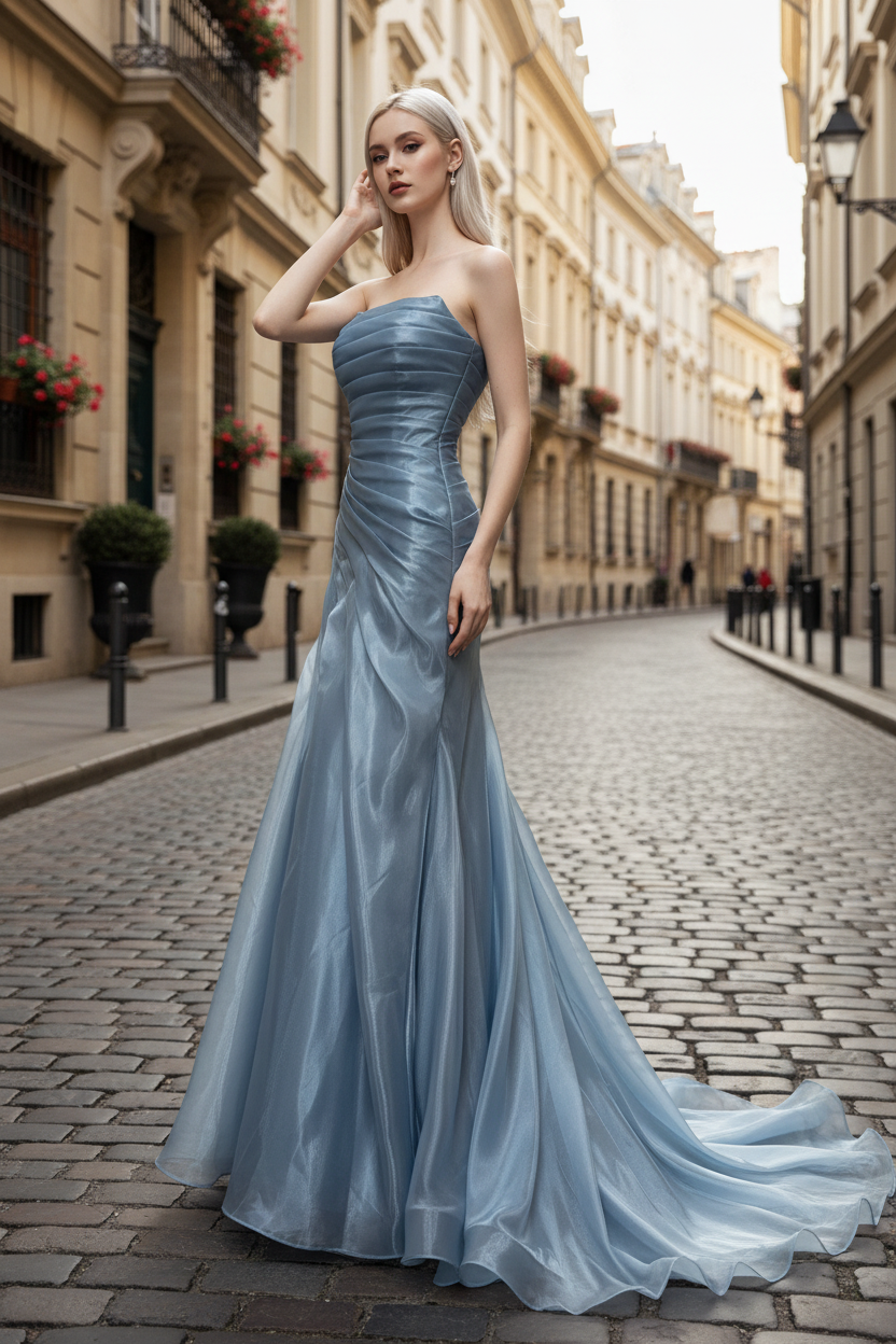 Dusty Blue Pleated Premium Water Light Satin Mermaid Gown With Sweeping Train