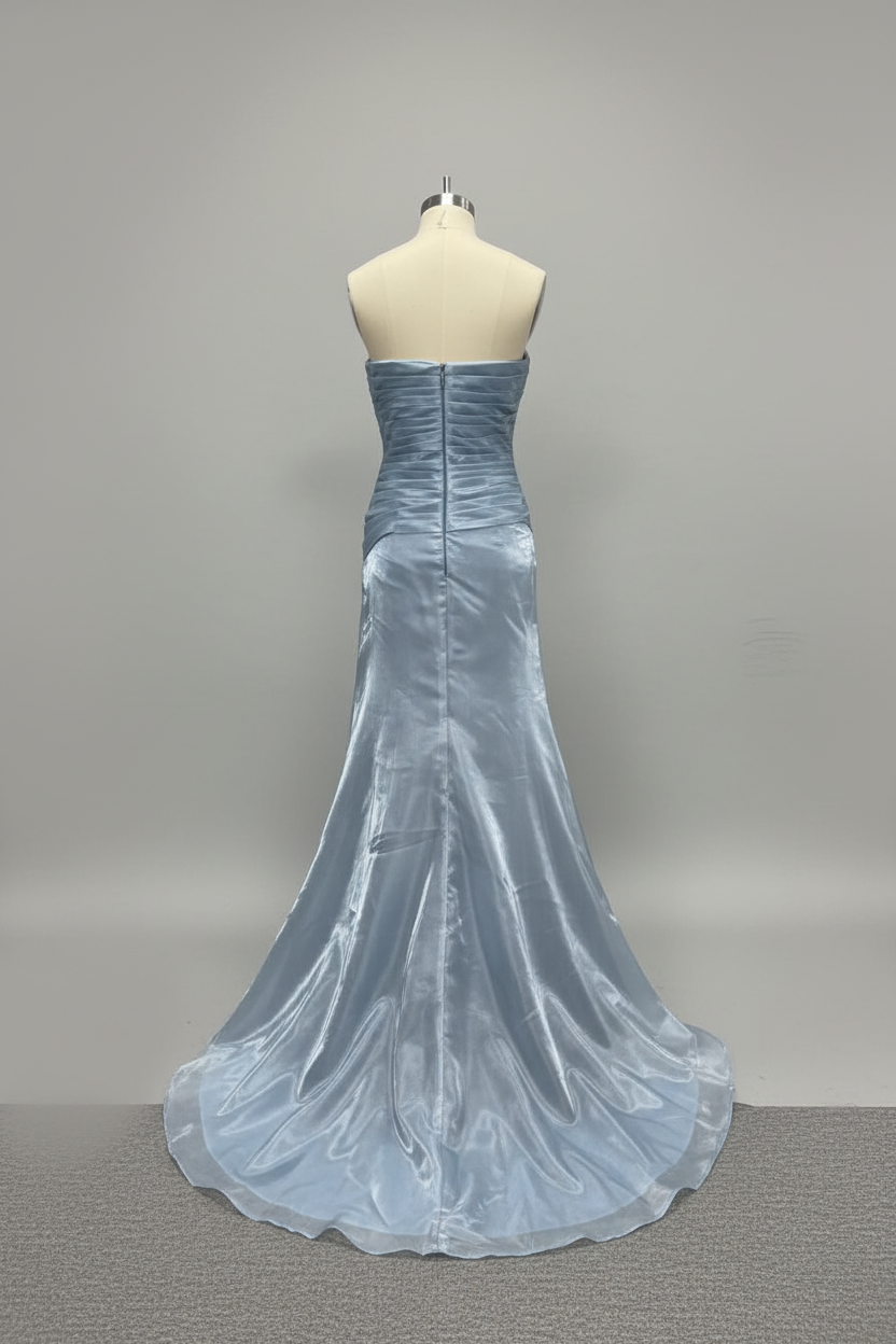 Dusty Blue Pleated Premium Water Light Satin Mermaid Gown With Sweeping Train