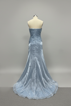 Dusty Blue Pleated Premium Water Light Satin Mermaid Gown With Sweeping Train