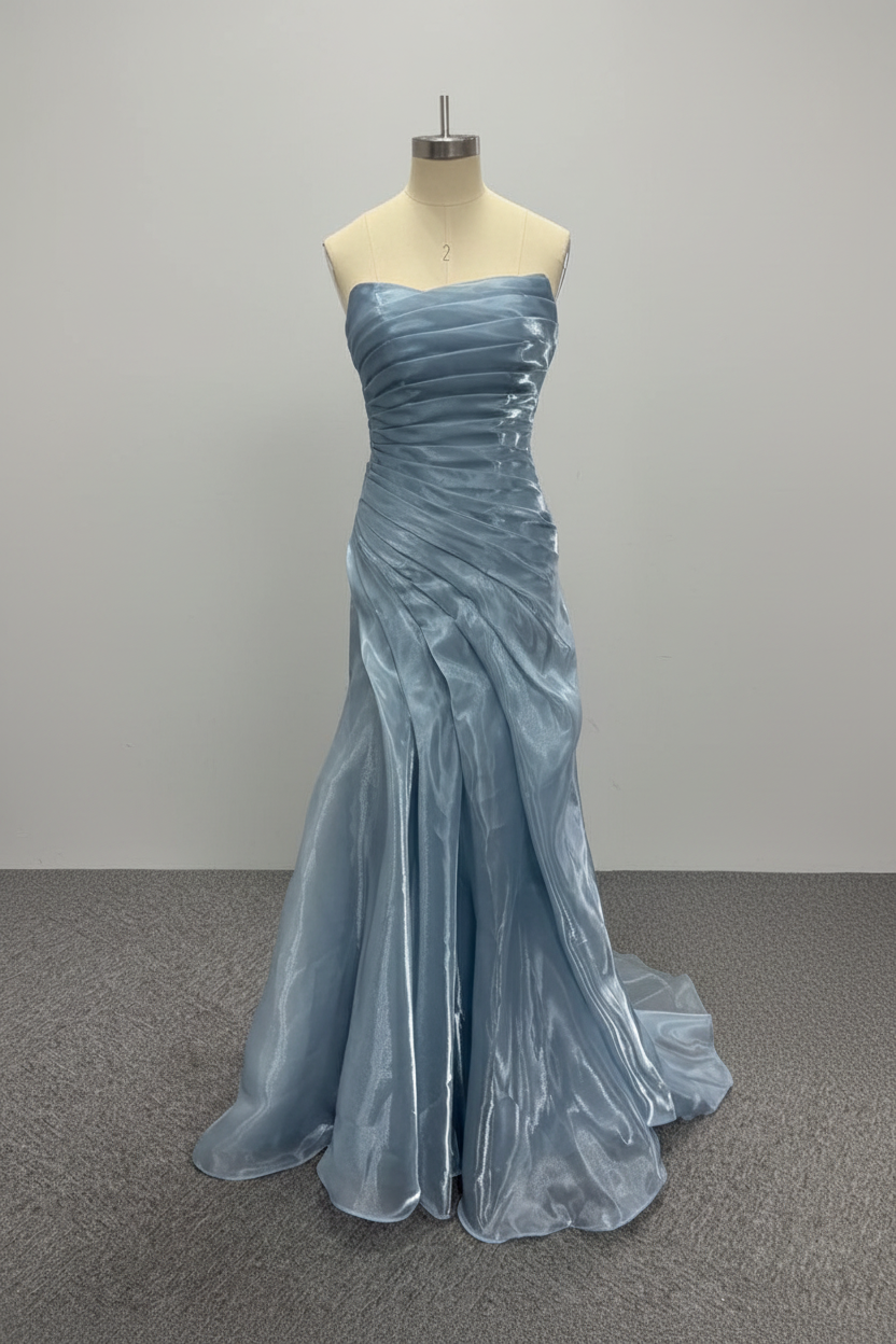 Dusty Blue Pleated Premium Water Light Satin Mermaid Gown With Sweeping Train