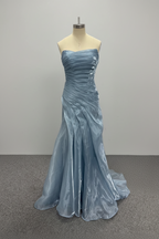 Dusty Blue Pleated Premium Water Light Satin Mermaid Gown With Sweeping Train
