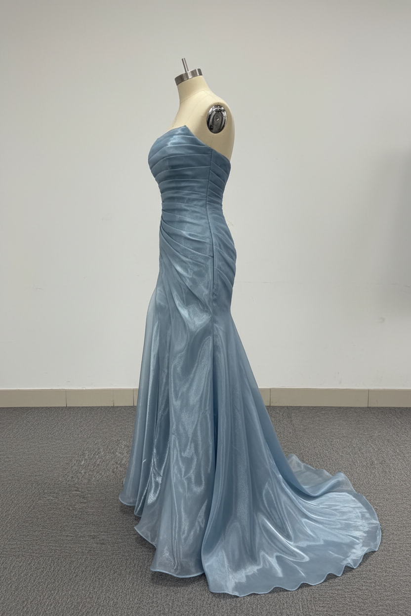 Dusty Blue Pleated Premium Water Light Satin Mermaid Gown With Sweeping Train