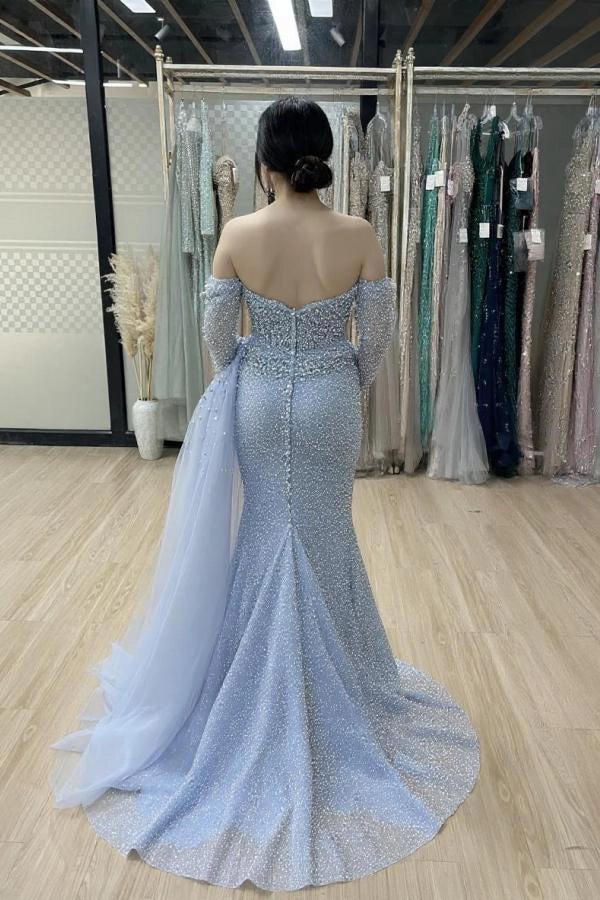 Dusty Blue Mermaid Evening Gown With Pearl And Crystal Beading