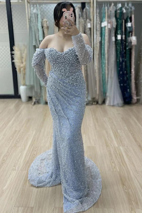 Dusty Blue Mermaid Evening Gown With Pearl And Crystal Beading