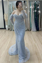 Dusty Blue Mermaid Evening Gown With Pearl And Crystal Beading
