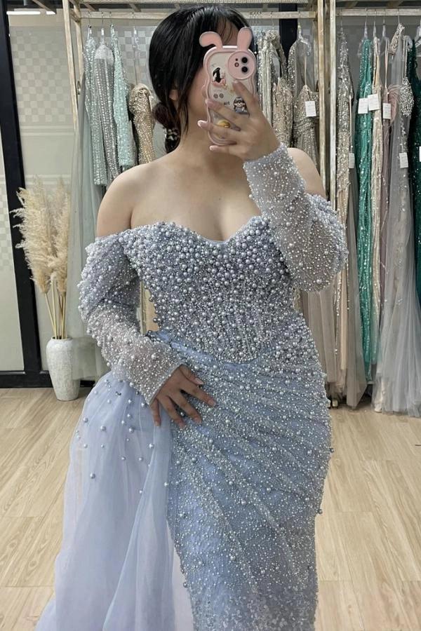 Dusty Blue Mermaid Evening Gown With Pearl And Crystal Beading
