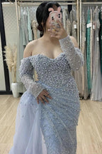 Dusty Blue Mermaid Evening Gown With Pearl And Crystal Beading