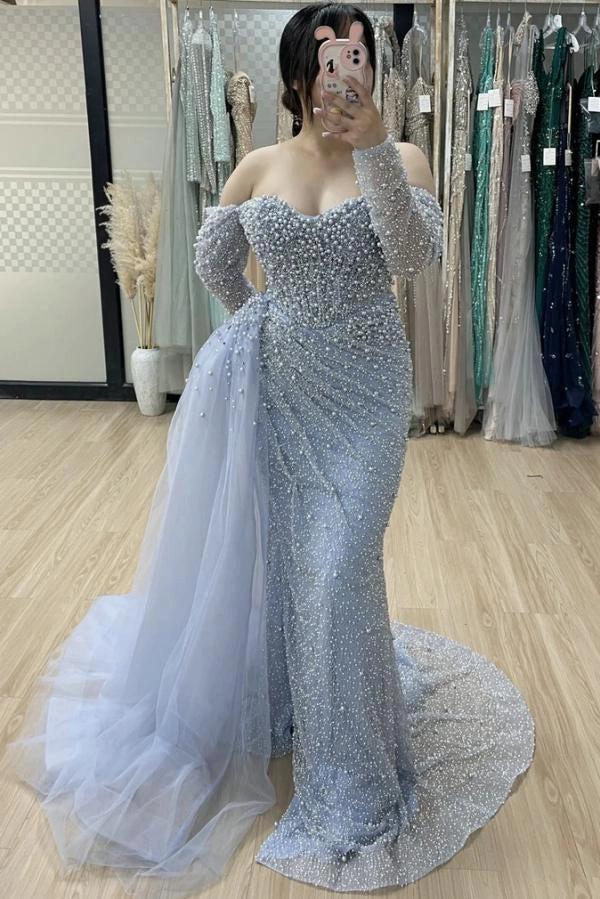 Dusty Blue Mermaid Evening Gown With Pearl And Crystal Beading