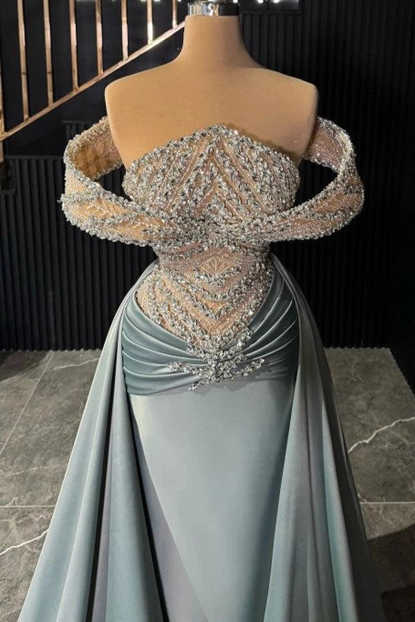 Elegant Dusty Blue Satin Mermaid Evening Gown With Crystal Beaded Bodice