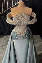 Elegant Dusty Blue Satin Mermaid Evening Gown With Crystal Beaded Bodice