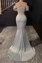 Elegant Dusty Blue Satin Mermaid Evening Gown With Crystal Beaded Bodice