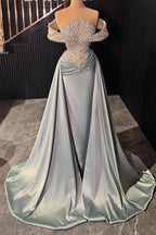 Elegant Dusty Blue Satin Mermaid Evening Gown With Crystal Beaded Bodice