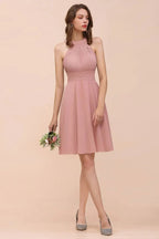 Dusty Pink Knee Length Bridesmaid Dress Halter Chiffon Maid of Honor Dress