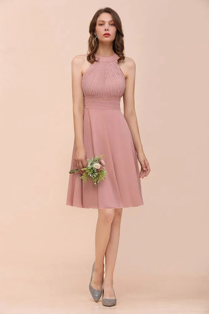 Dusty Pink Knee Length Bridesmaid Dress Halter Chiffon Maid of Honor Dress