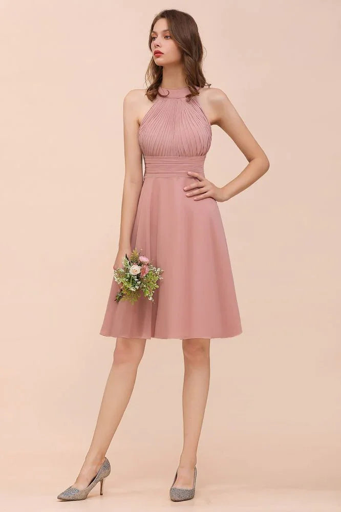 Dusty Pink Knee Length Bridesmaid Dress Halter Chiffon Maid of Honor Dress