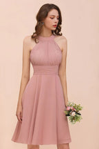 Dusty Pink Knee Length Bridesmaid Dress Halter Chiffon Maid of Honor Dress