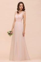 Dusty Pink Sleeveless A-line Wedding Guest Dress Beach Bridesmaid Dress