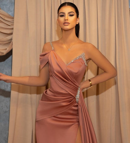 Dusty Rose One Shoulder Long Glitter Slit Mermaid Prom Dresses