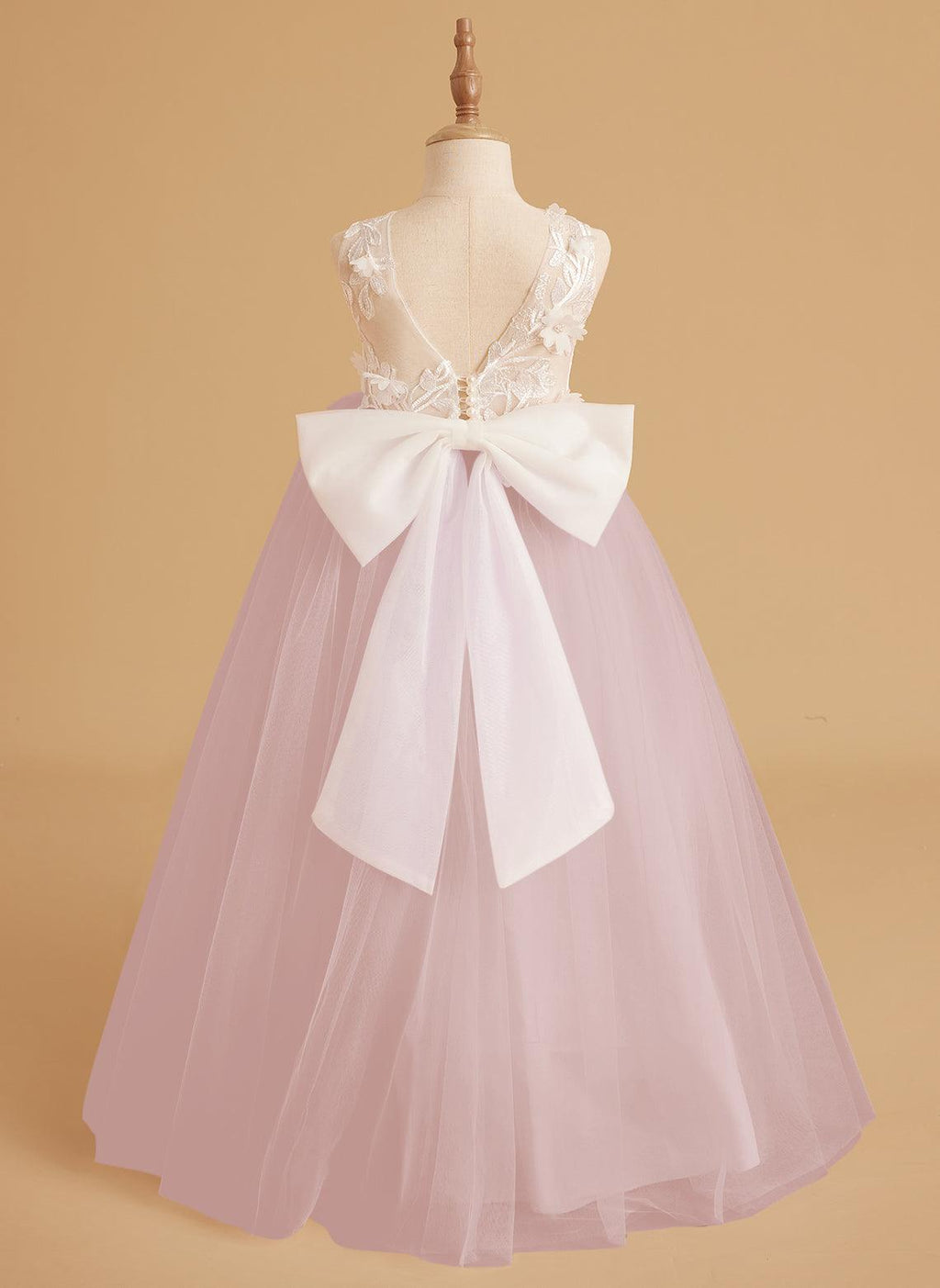 Sleeveless Princess Flower Girl Dress With Detachable Train And Beaded Lace