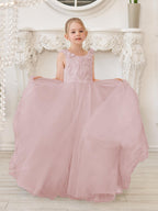 Elegant White Tulle Flower Girl Applique Lace Dress With Sweep Train
